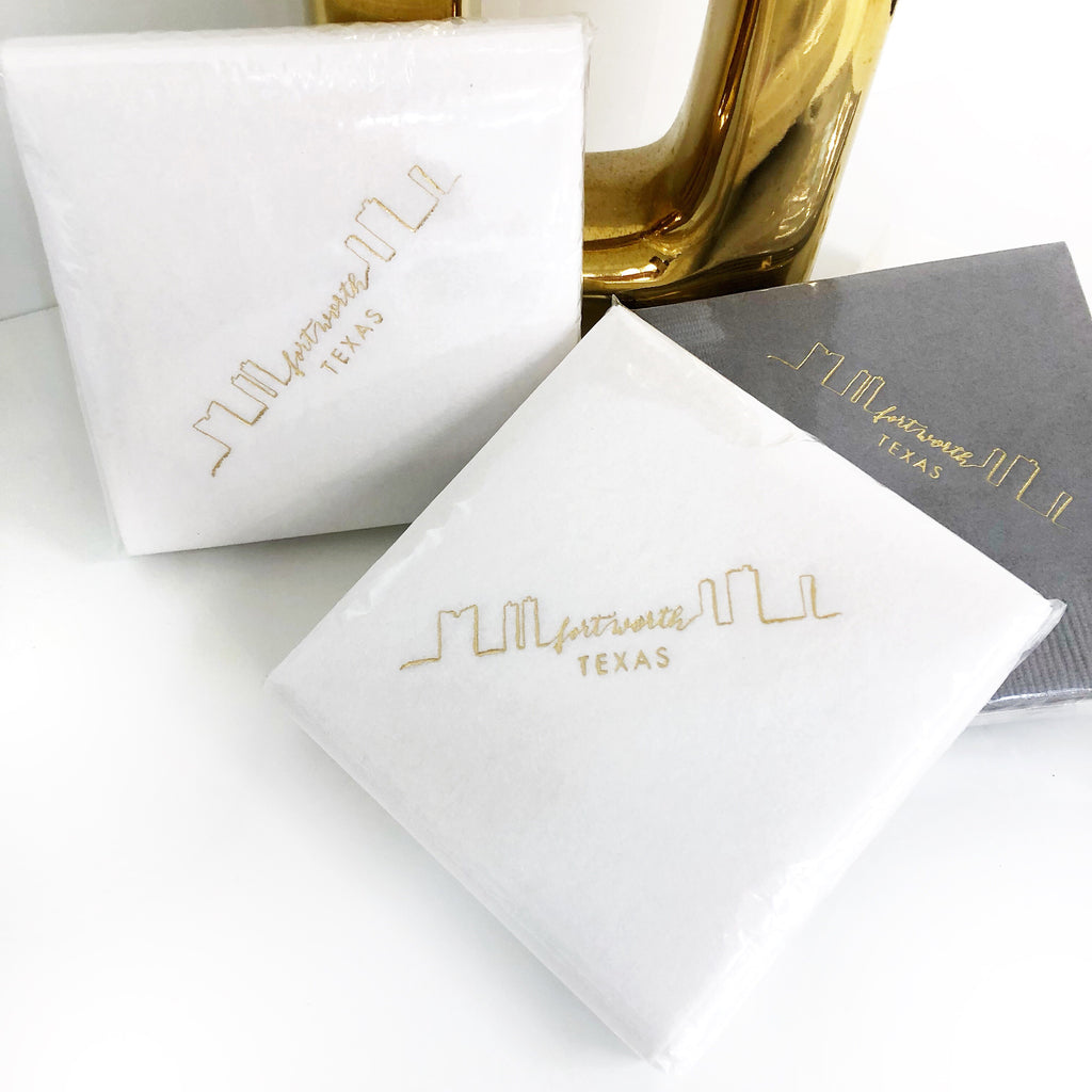 Fort Worth Skyline Cocktail Napkins - White Linen